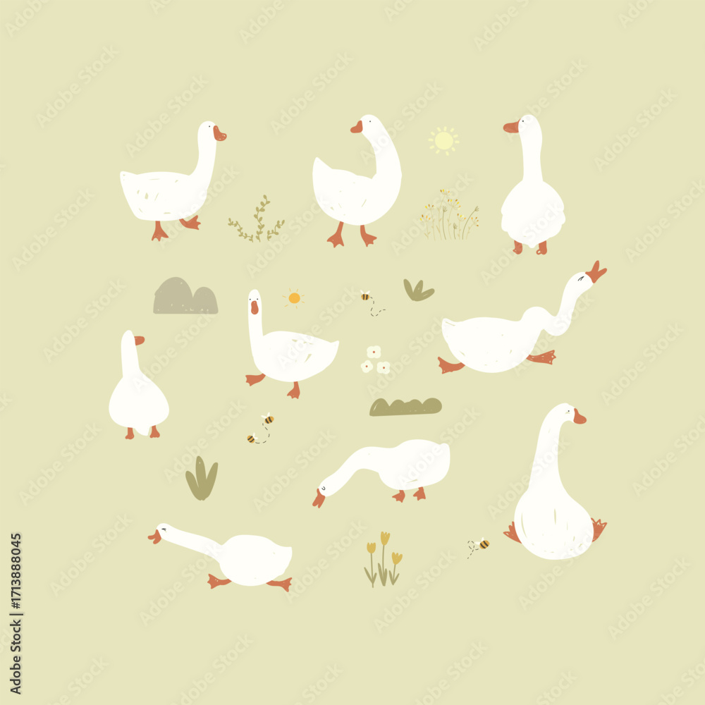 Obraz premium Set with ducks, bees, flowers and plants. Vector illustration with hand drawn animals and plants, cute set.