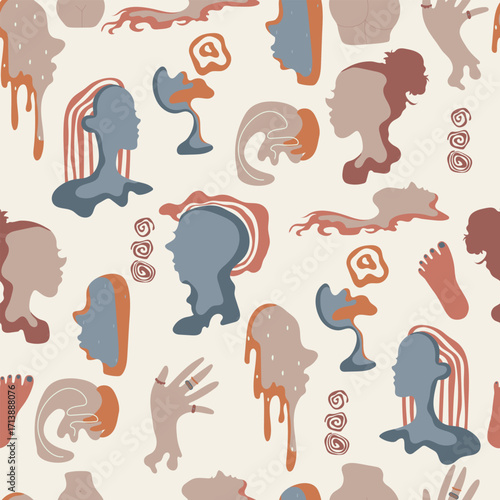 Abstract human face, hand leg, seamless pattern. Vector illlustration with abstract face.