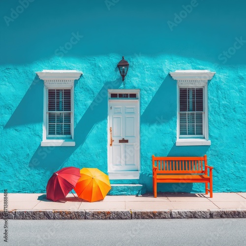 Colorful house facade with umbrellas and bench