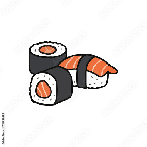 Illustration of three pieces of sushi: two maki rolls with salmon filling and one nigiri with a slice of salmon on top.