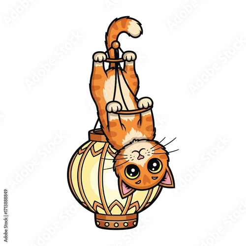 Playful Cat with Lantern: A whimsical illustration featuring an adorable ginger cat playfully suspended from a lantern, inviting warmth and joy.