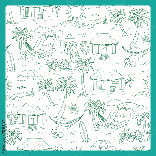 Hand Drawn Tropical Beach Scene Seamless Pattern Illustration.