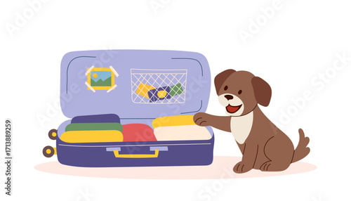 A dog with luggage. Concept of travel with pet. Illustration of puppy nearby the opened suitcase. Vector flat clipart.