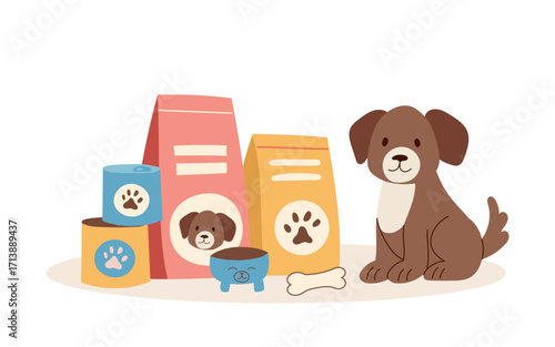 Pets food concept. A puppy with dry and wet food isolated on white background. Vector flat banner.