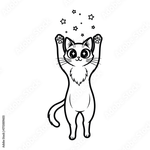 Whimsical Kitten Reaching for Stars: A cute kitten, depicted in a charming illustration, joyfully reaches upwards towards a cluster of twinkling stars.