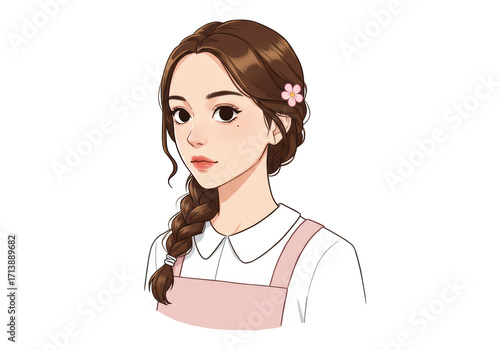 Isolated young female with flower in hair wears pink apron illustration with braid brown