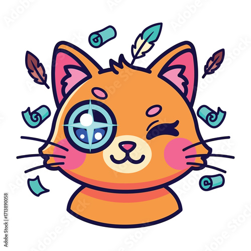 Whimsical Cat Mascot: A charming cartoon cat, adorned with playful details like feathers, scroll elements, and a winking eye, embodies lightheartedness and creativity in this vector illustration.