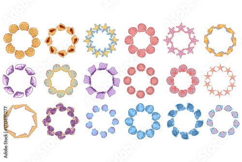 Set of decorative sea shell and starfish wreaths, marine summer frames collection