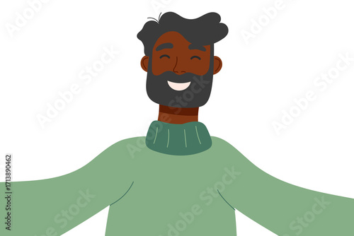 Concept of selfie on smartphone camera. Taking a photo by a phone camera. Man holding smartphone and taking a photo. Vector hand drawn clipart isolated on white.