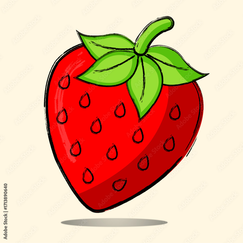 Obraz premium Juicy strawberry illustration with seeds, glossy red fruit and green leaf, organic healthy food cartoon vector drawing
