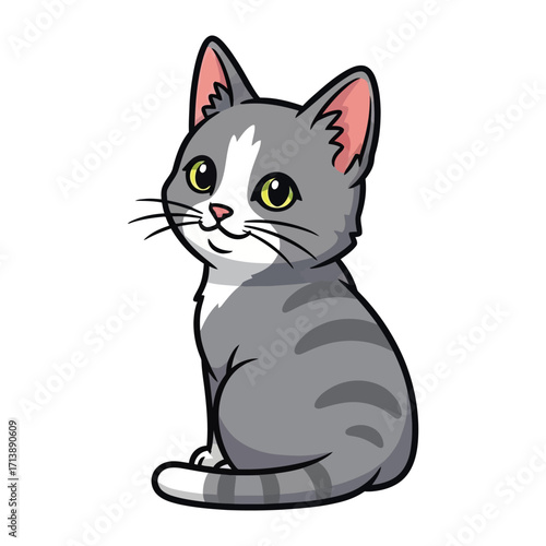 Cuddly Kitten's Playful Pose: A charming cartoon kitten with striking stripes and eyes, captures the essence of joy and mischief. Capturing its endearing charm and playful attitude.