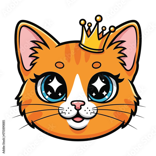 Royal Cat Portrait: A charming ginger cat with sparkling eyes, crowned with a golden tiara, radiates royalty and cuteness. This illustration is perfect for adding a touch of playfulness.