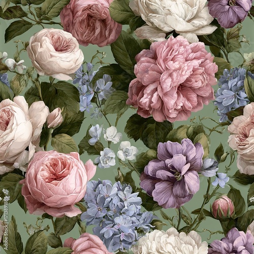 Seamless floral pattern with roses, peonies, and forget-me-nots in soft pink, lavender, and white, with green vines on sage background in romantic watercolor vintage style
