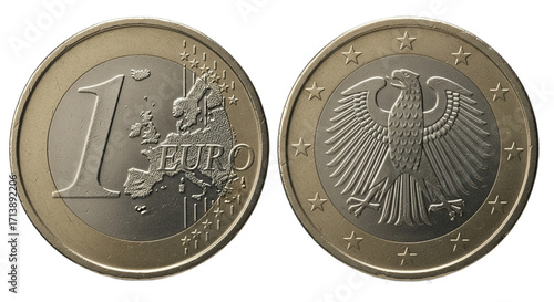 The 1 Euro coin shows Europe’s map and a German eagle symbol.