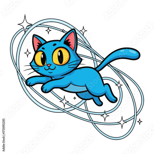 Whimsical Cat in Space: A vibrant illustration of a cute, blue cat floating gracefully within a starry cosmic dance. Perfect for those who adore the fusion of imagination and charm!
