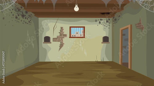 Poor house. Slums. Very dark room with mold on the walls. Village room interior with bed. table and wardrobe