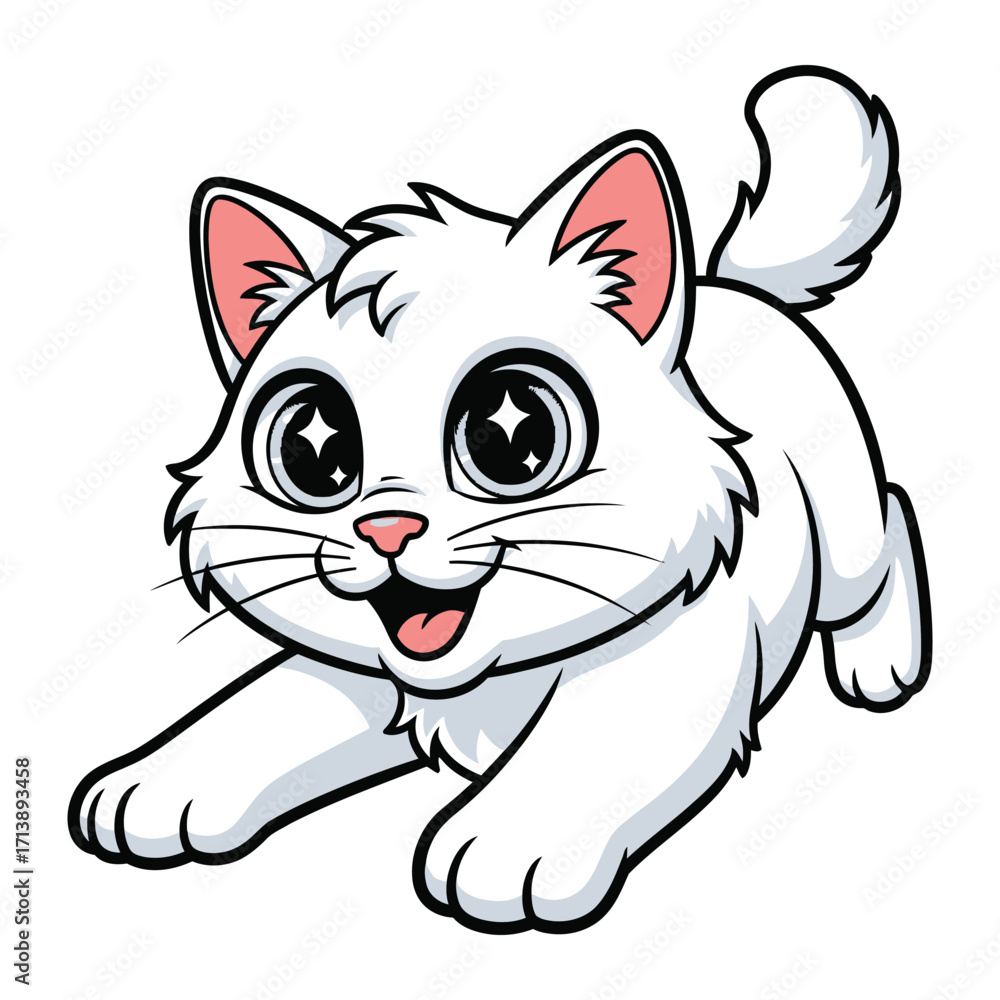 Obraz premium Playful White Kitten: A charming illustration of a fluffy white kitten in mid-pounce, exuding joy and capturing the playful spirit of feline youth. 