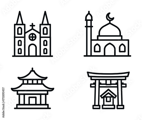 Icons of religious buildings: church, mosque, pagoda, and torii gate