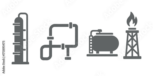 Industrial oil refinery icons: distillation tower, pipe system, storage tank, oil rig