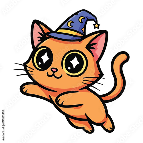 Whimsical Witch Cat in Flight: An adorable cartoon witch cat, with big starry eyes and a magic hat. The image is a delightful piece of art, perfect for illustrations and designs.