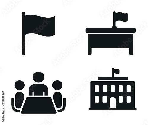 Government icons set: flag, desk, meeting, building