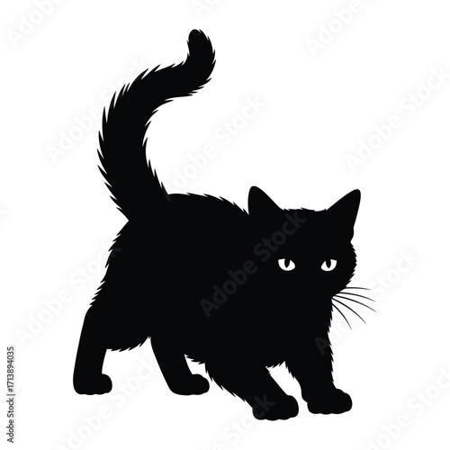 Shadowy Stroll: A sleek black cat with piercing eyes saunters, exuding an aura of mystery. Captured in elegant silhouette.