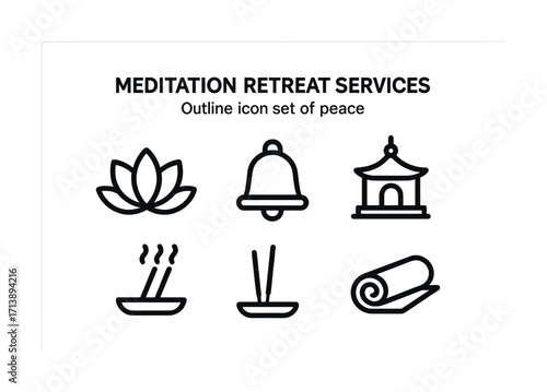 Meditation retreat services: peaceful outlined icons including lotus, bell, temple, incense, mat