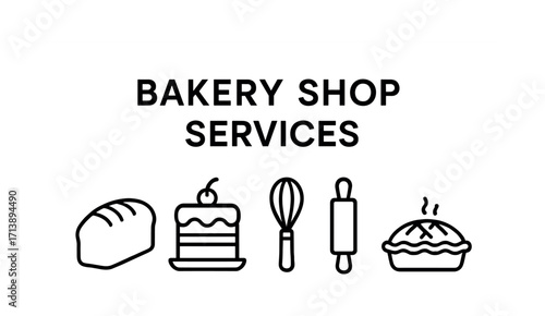 Bakery shop services: fresh bread, cakes, whisk, rolling pin, pie symbols