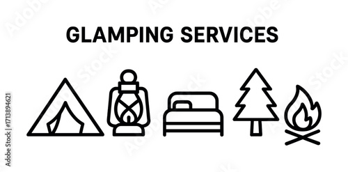 Glamping services icons: tent, lantern, bed, tree, campfire for luxury camping