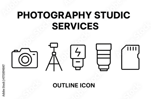 Photography studio services icons: camera, tripod, flash, lens, sd card outline