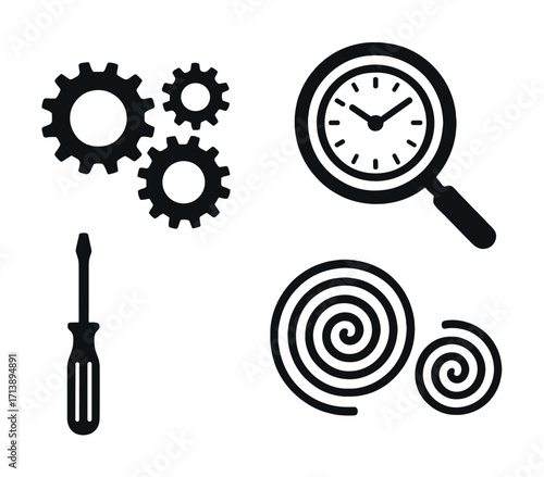 Black and white icons: gears, clock magnifying glass, screwdriver, spirals