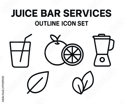 Juice bar services icon set with blender, fruits, glass, leaves design