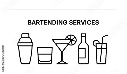 Bartending services icons with cocktail shaker and glasses