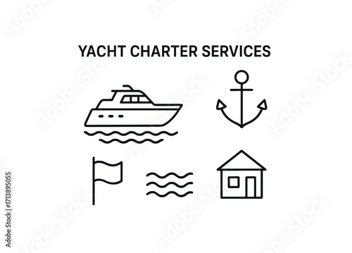 Yacht charter services icons with boat, anchor, flag, waves, and cabin