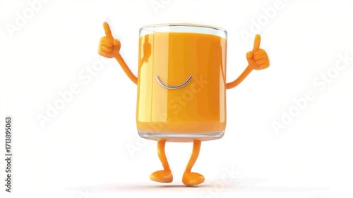 Happy orange juice glass with thumbs up, minimalist design on bright white background