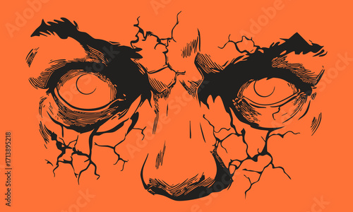 Scary cracked face with creepy staring eyes. Sketchy pencil draw Halloween horror illustration in orange background for posters and party designs.