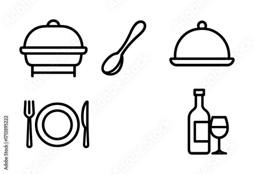 Simple line icons of dining elements: chafing dish, spoon, plate, wine bottle