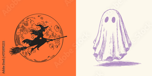 Halloween illustration with witch silhouette flying on broomstick across the full moon and sketchy pencil cute ghost in sheet costume.