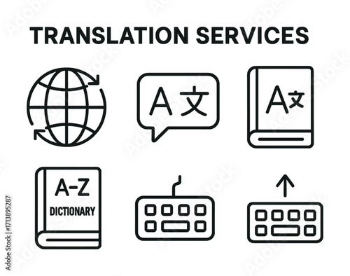 Translation services icons: globe, language, dictionary, keyboard, arrows