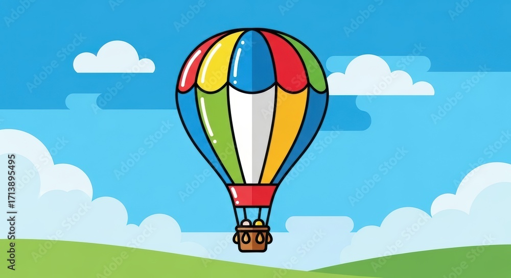 Fototapeta premium Cartoon style hot air balloon against a blue sky background with fluffy clouds and green hills