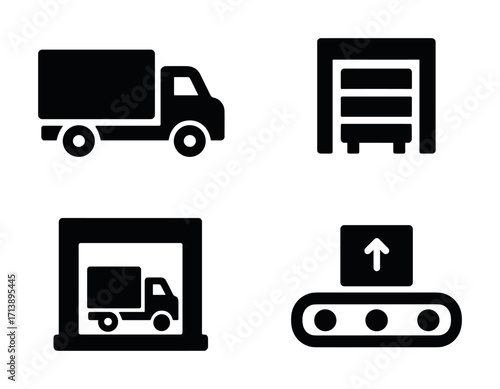 Logistics and transportation icons: truck, garage, loading dock, conveyor belt