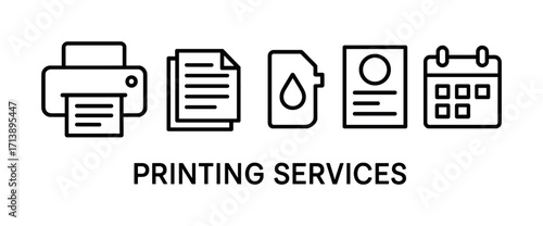 Printing services icon set with printer, document, ink, flyer, calendar