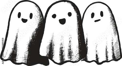 Crayon cute ghosts in sketchy pencil style. Black and white Halloween doodle illustration, friendly spooky characters for kids.