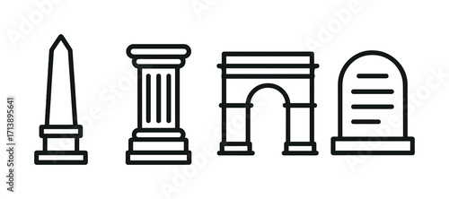 Icon set of monumental structures: obelisk, column, arch, tombstone