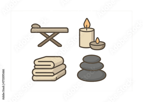 Spa essentials: massage table, candles, towels, and stones vector