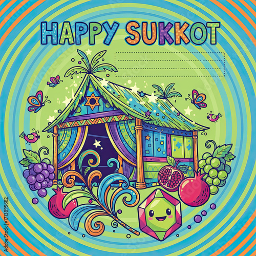 - Sukkah illustration in vibrant colors for Sukkot celebration