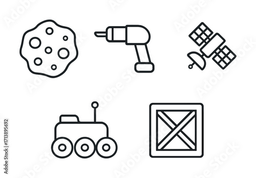 Space exploration icons: asteroid, drill, satellite, rover, cargo box
