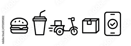 Food delivery icons: burger, drink, scooter, package, mobile app