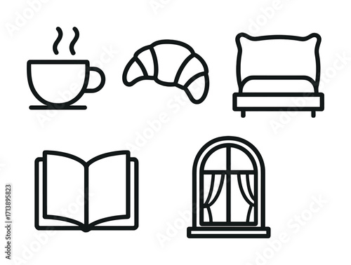 Minimalist icons of coffee, croissant, bed, book, and window with curtains