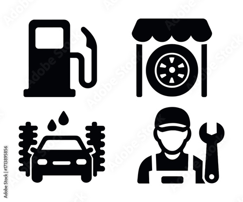 Automotive icons: gas pump, tire shop, car wash, mechanic services